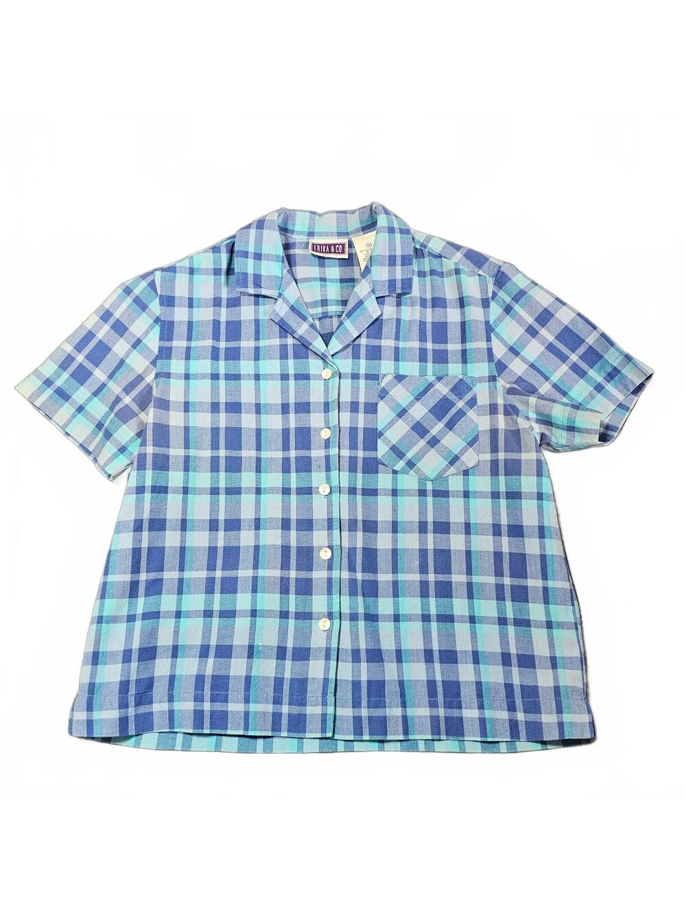 Vintage 1990s Erika & Co Womens Medium Blue Plaid Cotton Button-Up Shirt Y2K Top